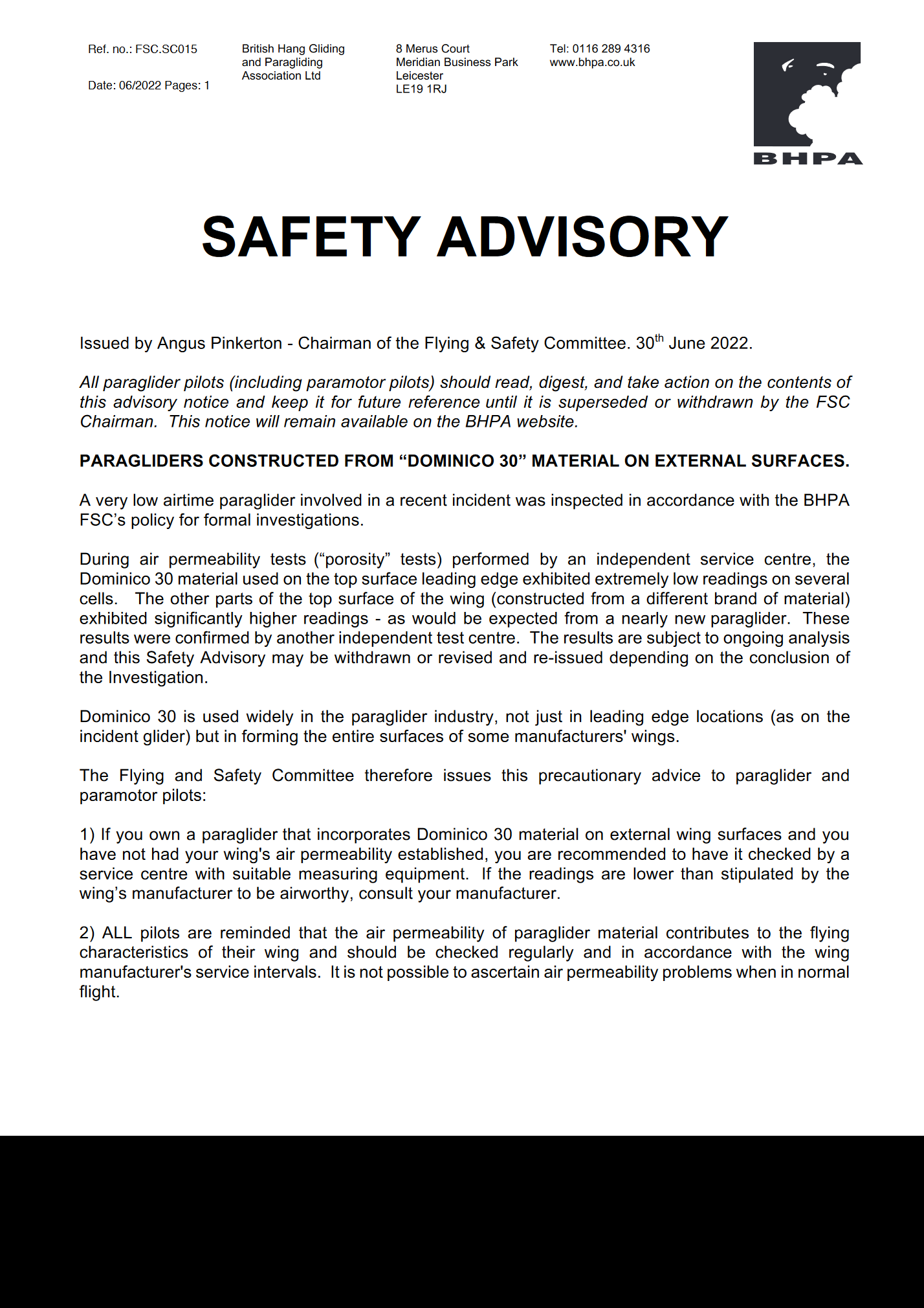 BHP -safety advisory DOMINICO D30